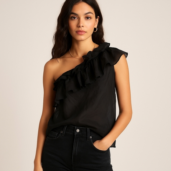 7 For All Mankind One-Shoulder Ruffle Silk-Blend Top Size L - Picture 1 of 5